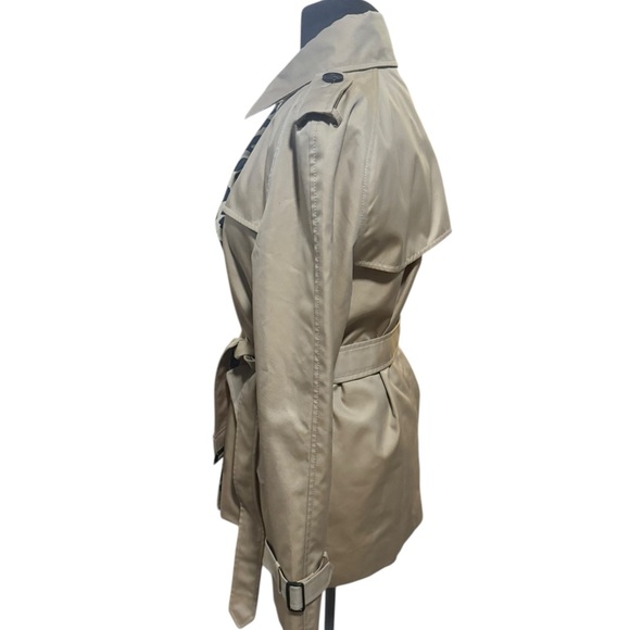Coach NY Tan Double-Breasted Trench Coat Leopard-Print Lining Womens M Belted - Picture 5 of 15